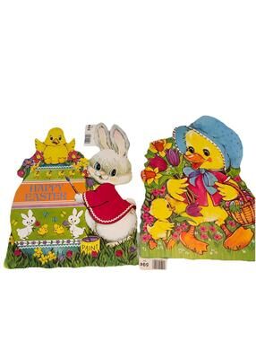 2 NEW 12" Vintage Paper Die Cut 2Sided Cardboard Easter Spring Duck RABBIT BUNNY